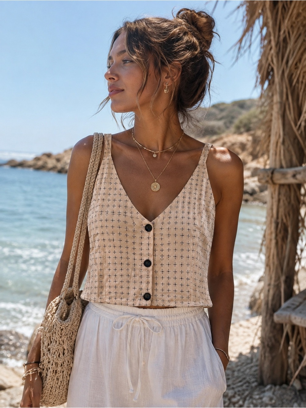 Volcom Beige Button Front V-Neck Cropped Tank Top